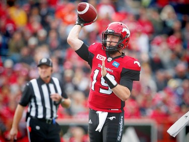 Calgary Stampeders quarterback Bo Levi Mitchell looks to throw the ball during a game against the Hamilton Tiger-Cats in CFL football in Calgary, Alta., on Sunday, August 28, 2016. AL CHAREST/POSTMEDIA