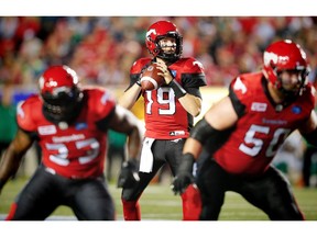 Calgary Stampeders quarterback Bo Levi Mitchell looks to throw the ball during a game against the Saskatchewan Roughriders in CFL football in Calgary, Alta., on Thursday, August 4, 2016.