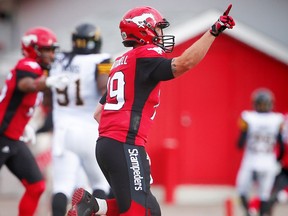 Calgary Stampeders Bo Levi Mitchell celebrates after trowing a touchdown to DaVaris Daniels on Sunday, August 28, 2016.