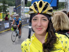 Tegan Carmichael at the finish line of the annual Enbridge Ride To Conquer Cancer at Canada Olympic Park in Calgary on Sunday, August 7, 2016.