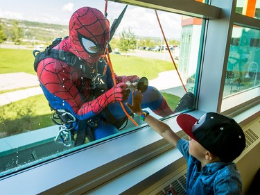 Domenic Nolting, 5, reaches out to window-washer Spider-Man at the Alberta Children's Hospital in Calgary on Wednesday, Aug. 24, 2016. Four superhero window washers refused to identify their secret identities, opting instead to wow kids through windows while cleaning the hospital's exterior.