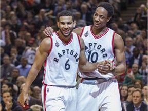 Toronto Raptors Cory Joseph and DeMar DeRozan towards the end of the 1st quarter against the Washington Wizards at the Air Canada Centre in Toronto, Ont. on January 26, 2016.
