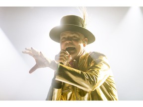 Gord Downie leads a Tragically Hip concert at the Scotiabank Saddledome in Calgary on Monday.