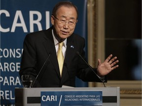 United Nations Secretary-General Ban Ki-moon talks during a conference at the Argentine Council for International Relations or CARI, in Buenos Aires, Argentina, Monday, Aug. 8, 2016.The head of the United Nations is to speak at the University of Calgary on Friday.