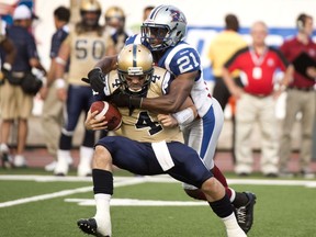 mike Edem, shown here wrapping up Winnipeg Blue Bombers quarterback Buck Pierce during a game in 2013 in Montreal, looked like he would become a fixture with the Alouettes, who drafted him.
