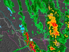 An Environment Canada weather radar image of conditions in west-Central Alberta Tuesday morning