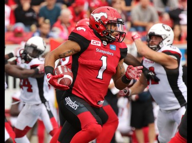 Calgary Stampeders receiver Lemar Durant runs the ball during CFL football action between the Stampeders and Ottawa Redblacks at McMahon Stadium in Calgary on Saturday September 17, 2016.