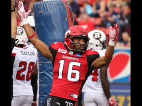 Calgary Stampeders receiver Marquay McDaniel celebrates his touchdown in the first half of CFL football action between the Stampeders and Ottawa Redblacks at McMahon Stadium in Calgary on Saturday September 17, 2016.