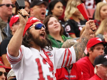 Calgary Stampeders cheer on their team during CFL football action between the Stampeders and Ottawa Redblacks at McMahon Stadium in Calgary on Saturday September 17, 2016.