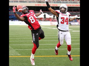 Calgary Stampeders receiver DeVaris Daniels makes a one-handed catch for a spectacular touchdown in the second half of  CFL football action between the Stampeders and Ottawa Redblacks at McMahon Stadium in Calgary on Saturday September 17, 2016.