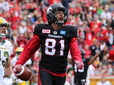 Calgary Stampeders receiver Grant Bakan celebrates as he runs in a touch down in the second half of the CFL Labour Day Classic in Calgary on Monday September 5, 2016.