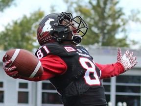 Calgary Stampeders receiver Bakari Grant celebrates after scoring a touch down in the second half of the CFL Labour Day Classic in Calgary on Monday September 5, 2016.