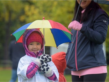 Naomi Nepszy, 5, was excited to participate in the Ovarian Cancer Walk of Hope at North Glenmore Park in Calgary, Alta., on Sunday, Sept. 11, 2016. Elizabeth Cameron/Postmedia