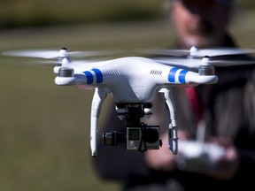A drone flies recreationally in a rural area near Calgary.