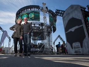 Mary Anne Moser, Beakerhead president and co-founder, poses in front of the BASS Ship with co-founder Jay Ingram in East Village in Calgary, on September 14, 2016.