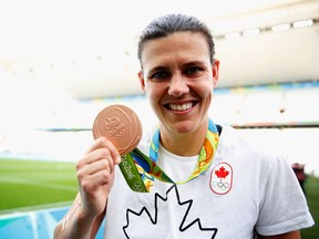 Captain and winning goalscorer Christine Sinclair celebrates  Canada's bronze medal on Aug. 19, 2016 in Sao Paulo, Brazil.