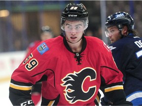 Calgary Flames' Dillon Dube (59) in action against the Winnipeg Jets during second period 2016 NHL Young Stars Classic action at the South Okanagan Events Centre in Penticton, BC., September 16, 2016.