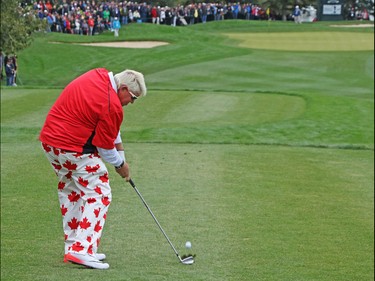John Daly went with a Canadian maple leaf theme as tees off on the ninth hole during the final round of the Shaw Charity Classic at the Canyon Meadows Golf Club in Calgary on Sunday September 4, 2016.