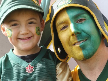 Aidyn Sipprell 5 1/2 and his dad Mike were ready to cheer on their Eskimos before the CFL Labour Day Classic between the Calgary Stampeders and Edmonton Eskimos in Calgary on Monday September 5, 2016.