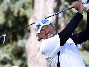 Carlos Franco tees off on the 18th during round 2 of the Shaw Charity Classic at the Canyon Meadows Golf Club in Calgary on Saturday September 3, 2016. Franco was in second place at -11 behind Jeff Maggert. Gavin Young/Postmedia