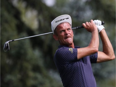 Champions league golfer Jesper Parnevik tees off in the Shaw Classic RBC Championship ProAm event at the Canyon Meadows Golf Club on Wednesday August 31, 2016.