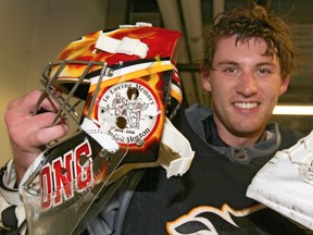 Calgary Flames goaltending prospect Jon Gillies displays his mask in Calgary, Alta Thursday September 8, 2016 on which he has eulogized his good friend Brendan Horton. In HortonÕs sophomore year of high school, he was diagnosed with Synovial sarcoma, a form cancer which usually occurs near to the joints of the arm, neck or leg. ItÕs regarded as one of the rarest forms of soft-tissue cancer in the world.Jim Wells//Postmedia