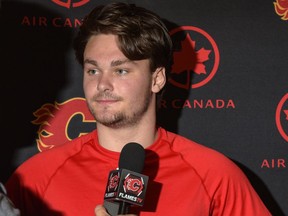 Calgary Flames prospect Rasmus Andersson speaks to media after a fitness testing session at Winsport in Calgary, Alta., on Thursday, Sept. 15, 2016. Elizabeth Cameron/Postmedia