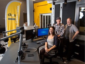 From left; CKUA DJ's Hayley Muir and David Ward and programmer Kevin Wilson check out the radio station's new studio space on the King Eddy side of Studio Bell on Wednesday Sept. 21, 2016. The studio starts broadcasting at noon on Friday.