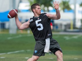 BRADENTON, FL - APRIL 17:  QB Nick Arbuckle, 5, of the Calgary Stampeders practices during mini camp at IMG Academy in Bradenton, Fla., on April 17, 2015 in Bradenton, Florida.