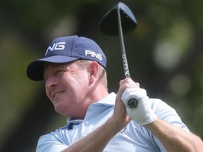 Defending champion Jeff Maggert hits his tee shot on the 7th hole during the RBC Championship Pro-Am in the Shaw Charity Classic at Canyon Meadows Golf Club Thursday September 1, 2016.  (Ted Rhodes/Postmedia)