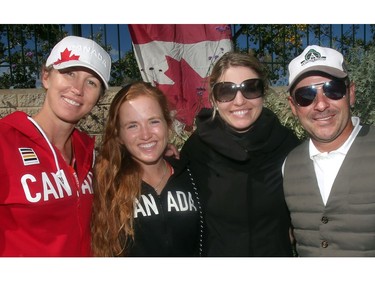Canadian Olympians, from left, Amy Millar, Kara Chad, Tiffany Foster and Eric Lamaze pose at an autograph session Friday September 9, 2016 at Spruce Meadows during The Masters.