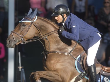 Sameh El Dahan of Egypt rides Sumas Zorro to victory in the Friends of the Meadow Cup during The Masters at Spruce Meadows Friday evening September 9, 2016.