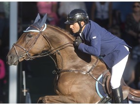 Sameh El Dahan of Egypt rides Sumas Zorro to victory in the Friends of the Meadow Cup during The Masters at Spruce Meadows Friday evening September 9, 2016.