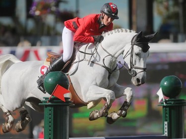 Nadja Peter Steiner of Switzerland rides Capuera II during the Swiss team's victory in the BMO Nation's Cup Saturday September 10, 2016 during The Masters at Spruce Meadows.