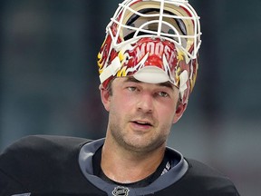 Brian Elliott skates for his first time on the ice with the Calgary Flames at training camp Friday September 23, 2016.