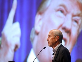 Oxford University professor Ian Goldin uses a backdrop of Donal Trump at one point is his keynote address Navigating Risks and Rewards in the Age of Discovery Friday September 29, 2016 at the Global Business Forum at the Banff Springs Hotel.