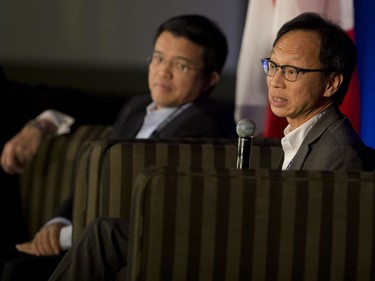 Yuen Pao Woo  of the Business Council of BC, right, and Li Aihua of the Bank of China in Canada during the One Belt One Road Global Business Forum Friday September 30, 2016 at the Banff Springs Hotel.