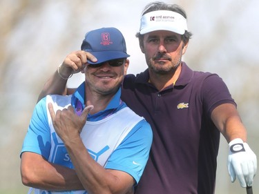 Jean Van de Velde has some fun with his caddy Ivan Galdame while waiting to tee off  during the RBC Championship Pro-Am in the Shaw Charity Classic at Canyon Meadows Golf Club Thursday September 1, 2016.