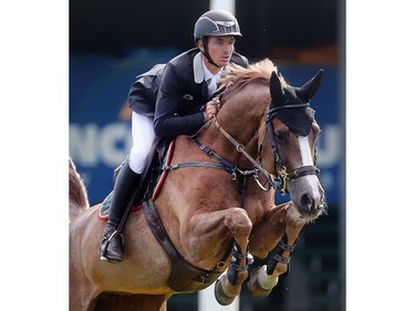 Steve Guerdat of Switzerland rides Corbinian to victory in the Telus Cup Wednesday September 7, 2016 on the opening day of The Masters at Spruce Meadows.