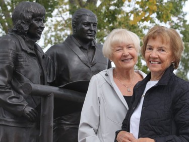 Longtime volunteers Pam Russell, left, and Anne French stand alongside the statue of the Southerns, Margaret and the late Ron, Tuesday September 6, 2016. Spruce Meadows is gearing up to close the season with this week's The Masters.