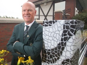 Spruce Meadows senior vice-president Ian Allison stands beside a jump brought from the Rio Olympics Tuesday September 6, 2016 at Spruce Meadows. Spruce Meadows is gearing up to close the season with this week's The Masters. (Ted Rhodes/Postmedia)