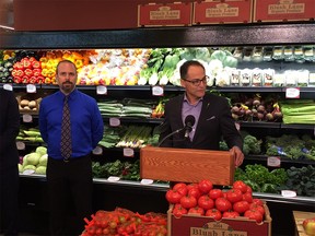 Finance Minister Joe Ceci speaks Friday at Blush Lane Organics with store owner Rob Horricks standing by.
