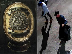 One the left, a police badge stolen from a retired Calgary police officer's home. On the right, a surveillance camera image of two suspects.