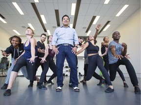 CALGARY, AB -- Alberta Minister of Culture and Tourism Ricardo Miranda, in blue, with his jazz dance lessons class at Decidedly Jazz Danceworks, on September 26, 2016, while he was their to promote the upcoming Alberta Culture days in Calgary. --  (Crystal Schick/Postmedia) (For City story by  TBA) 20076398A