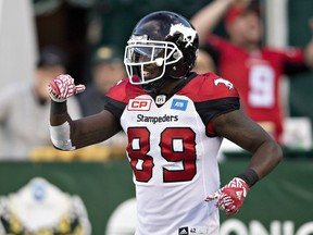 Calgary Stampeders DaVaris Daniels (89) celebrates a touchdown against the Edmonton Eskimos during second half CFL action in Edmonton, Alta., on Saturday September 10, 2016.