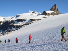 After dropping our gear at Bow Hut, we had an educational session on safe glacier travel. It was early evening by the time we roped up, tested our crampons and hiked to the top of what’s known as the Onion Skin. Mount Olive can be seen behind us.