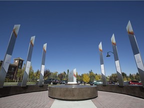 CALGARY, AB -- The monuments before being uncovered at the Alberta Champions Society's  Field of Fame at Heritage Park Historical Village entrance in Calgary, on September 15, 2016. --  (Crystal Schick/Postmedia) (For  story by  )