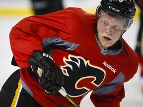 Calgary Flames forward Hunter Shinkaruk skates during an on-ice session on the second day of training camp.