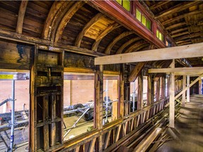 The interior of the Colonist Car being restored at Heritage Park.