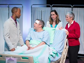 JP Thibodeau is in the bed Tenaj Williams, Shandra McQueen and Barbara Thorson surround him in A New Brain.